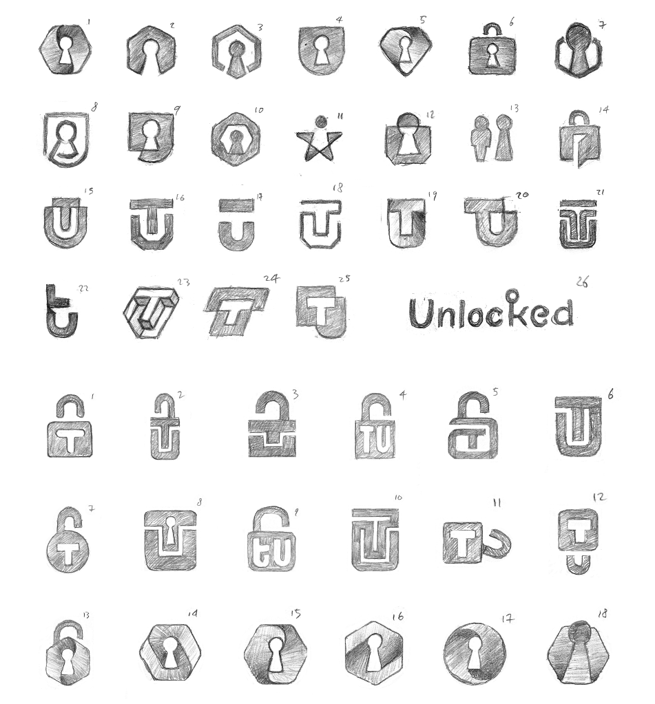 Sketches of the TalentUnlocked logo, during the work in progress
